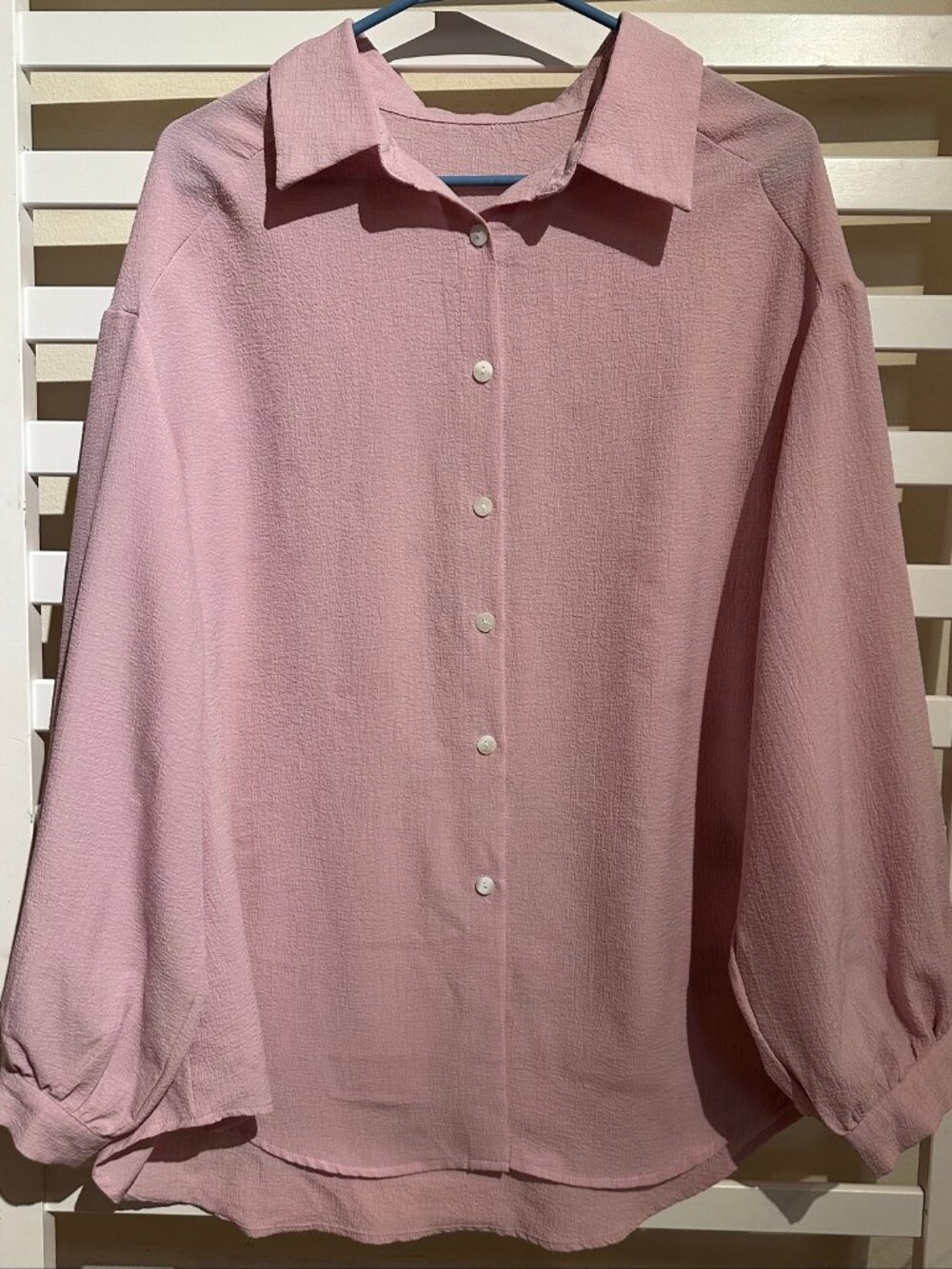 SHEIN Pink Button Up Blouse XL Dusty Rose Crinkle Long Sleeve Shirt Womens